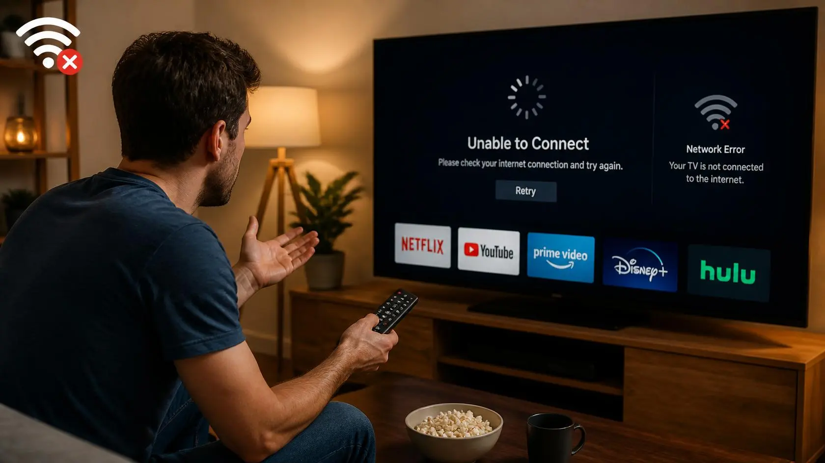 Person holding a remote in front of a Smart TV showing a network error, illustrating streaming not working on Smart TV