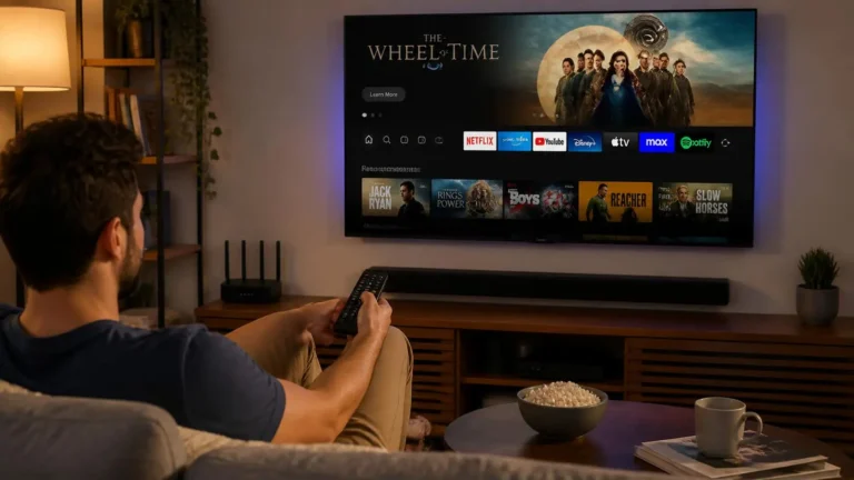 Person streaming on smart TV in a living room setup with Wi-Fi router nearby