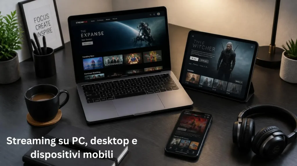 Laptop, tablet e smartphone che mostrano lo streaming su più dispositivi in una community dedicata allo streaming
