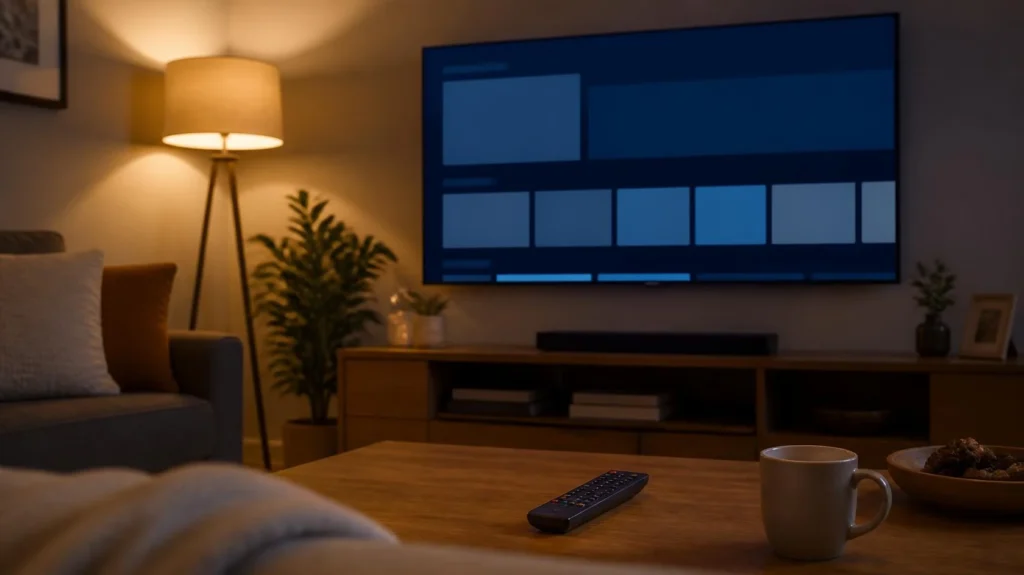 TV, remote control, and streaming device in a living room setup
