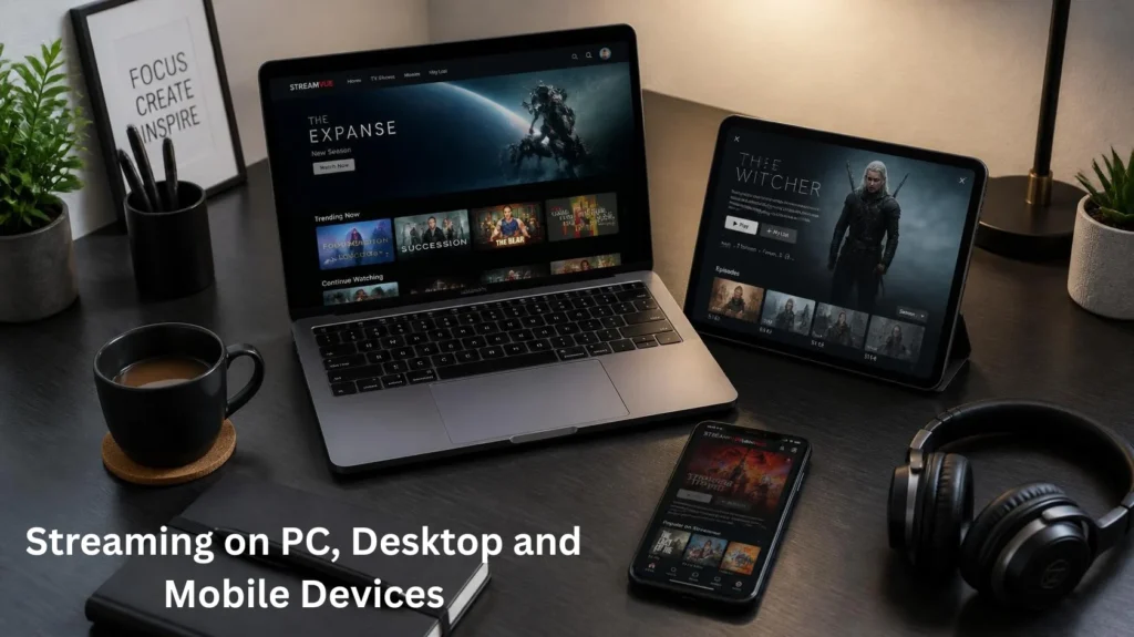 Laptop, tablet, and phone showing streaming across multiple devices in a streaming community