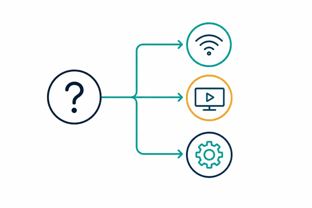 Streaming troubleshooting diagram showing common causes of buffering, connection, and playback problems