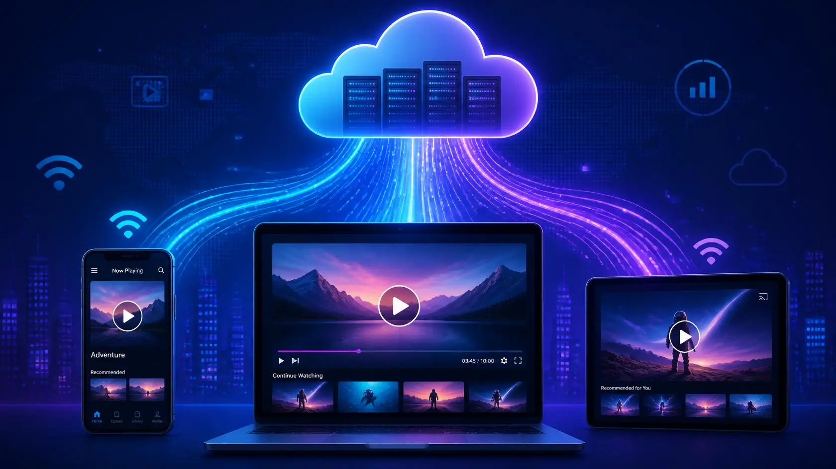 Illustration showing what is streaming: video data flowing from a cloud server to a smartphone, laptop, and tablet