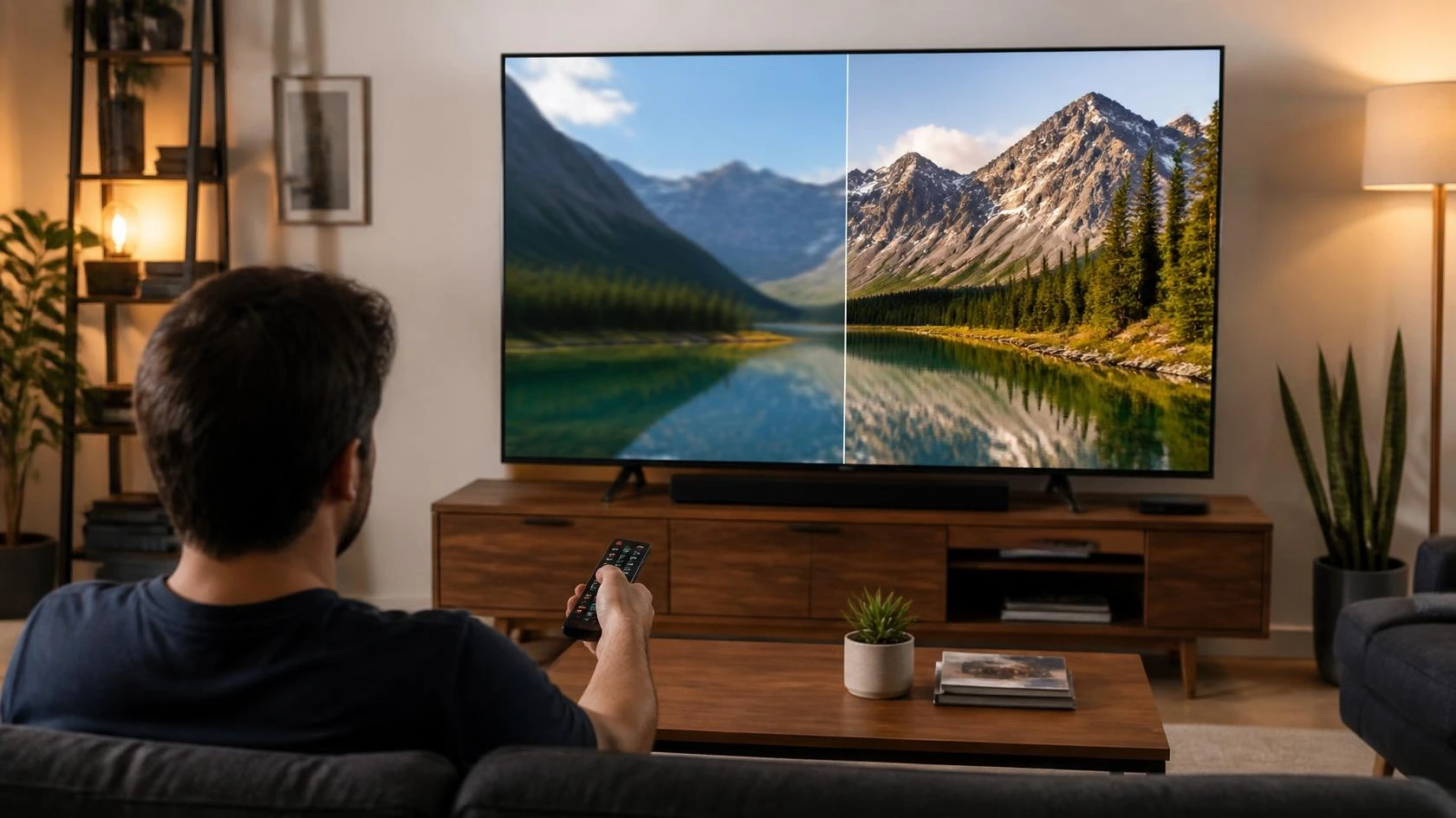 4K vs 1080p streaming comparison on a television showing a detailed mountain landscape in a living room
