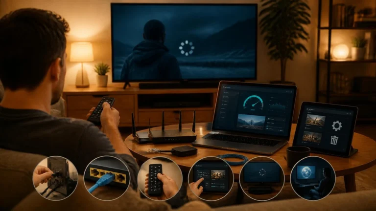 Disney Plus and Paramount Plus buffering on a TV while a viewer checks the Wi-Fi connection, streaming device, and video quality settings
