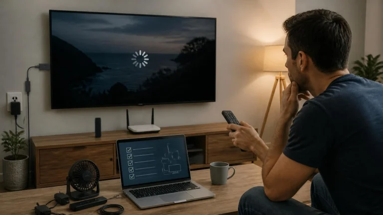 Fire Stick buffering on a TV while a viewer checks the streaming device, Wi-Fi router, and troubleshooting steps