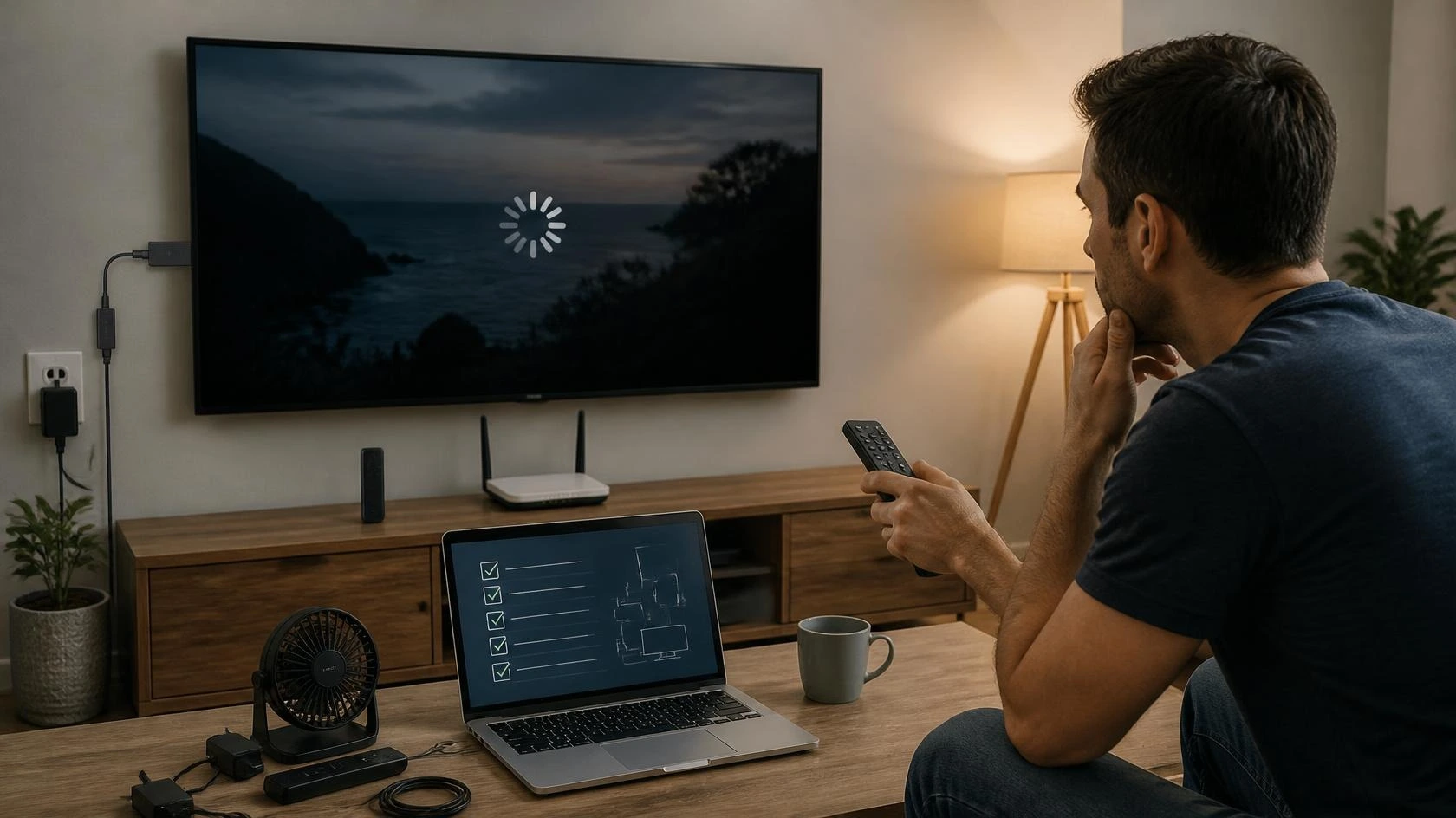 Fire Stick buffering on a TV while a viewer checks the streaming device, Wi-Fi router, and troubleshooting steps