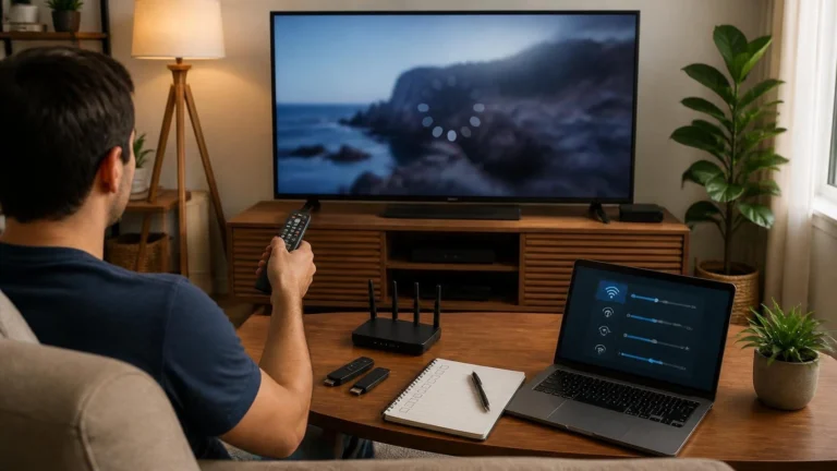 Netflix buffering on TV with a viewer checking streaming settings and Wi-Fi connection on a laptop