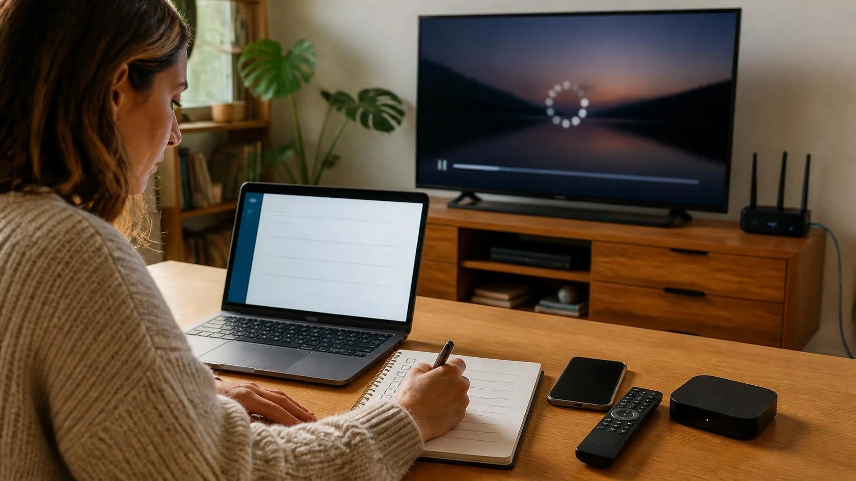 Reporting a streaming problem by documenting a buffering issue on a television with a laptop and notebook