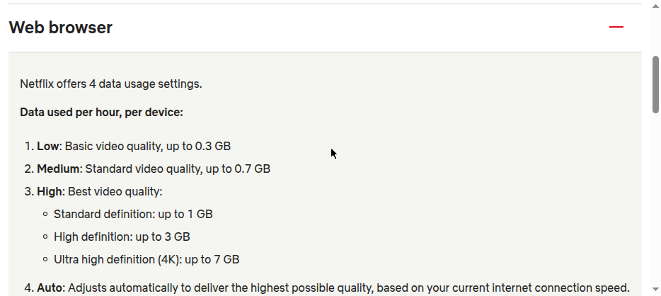 Netflix's playback data-usage settings, as documented in their help center.