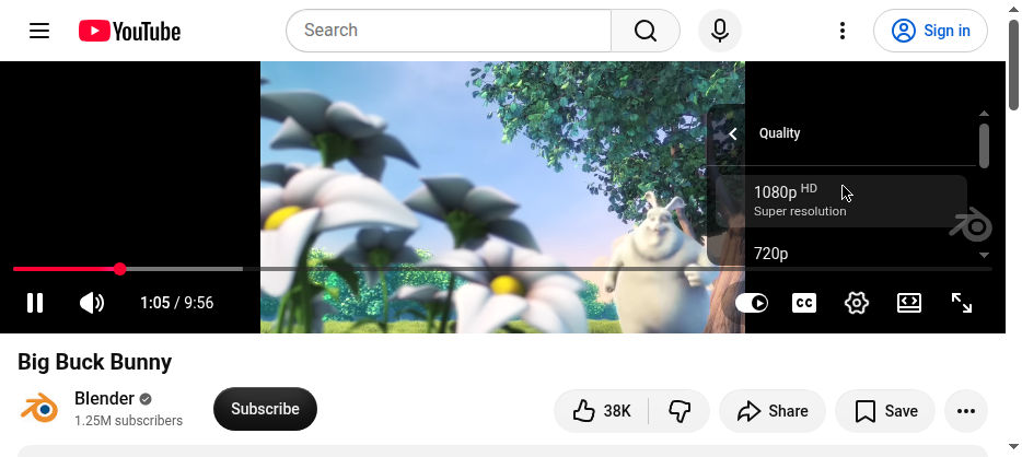 YouTube's quality settings menu captured during testing.