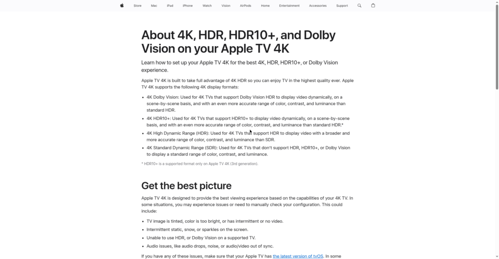 Screenshot of Apple support documentation listing video formats: 4K Dolby Vision, 4K HDR10+, 4K HDR, and 4K SDR