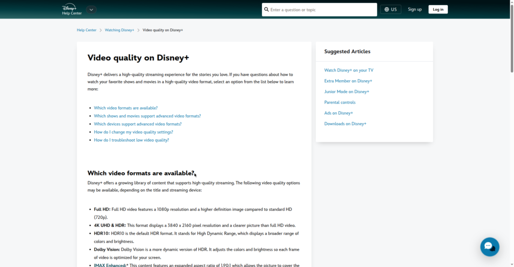 Screenshot of Disney+ help documentation listing video formats: Full HD 1080p, 4K UHD and HDR, HDR10, and Dolby Vision