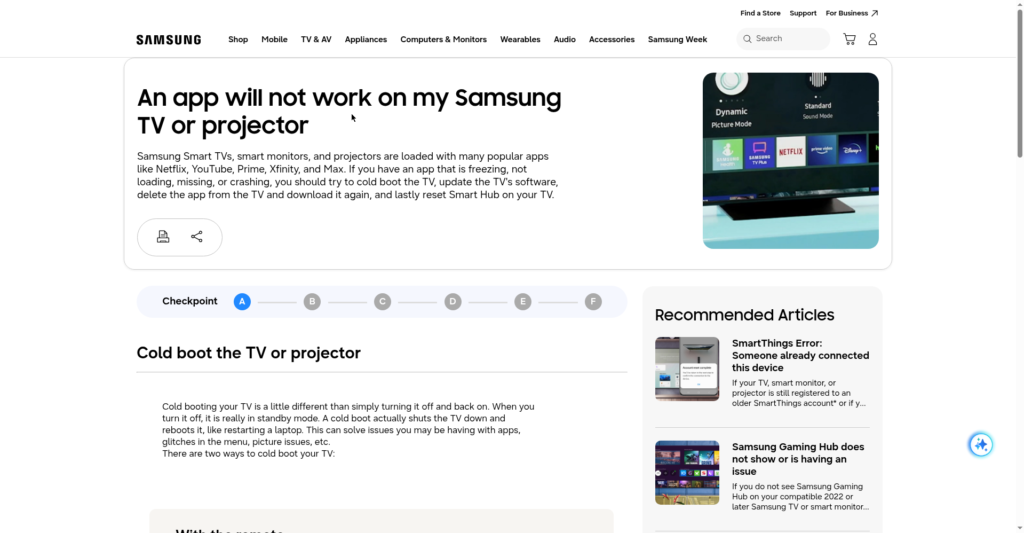Screenshot of Samsung support documentation with troubleshooting steps for when an app will not work on a Samsung Smart TV