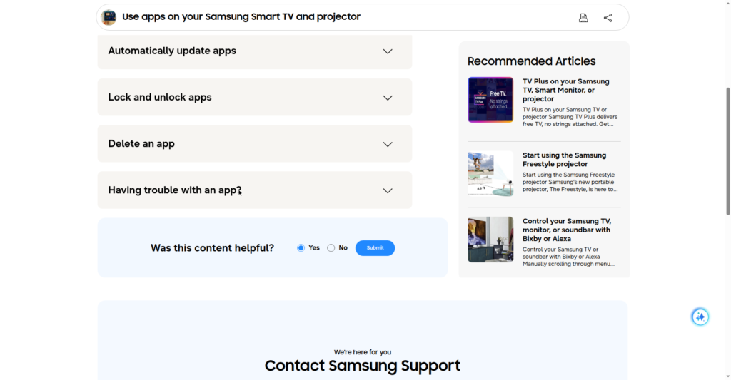 Screenshot of Samsung support documentation explaining how to install and use apps on a Samsung Smart TV