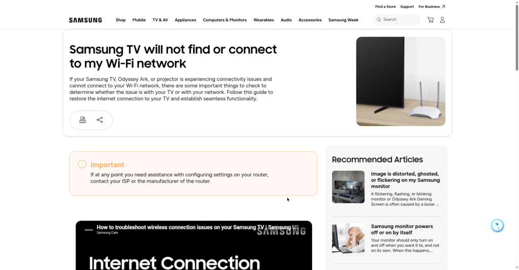 Screenshot of Samsung support troubleshooting guide for a TV that will not find or connect to a Wi-Fi network