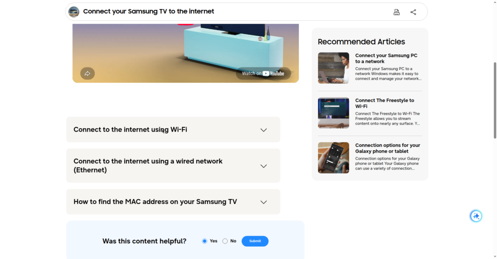 Screenshot of Samsung support documentation showing how to connect a Samsung TV to the internet using Wi-Fi or a wired (Ethernet) network.