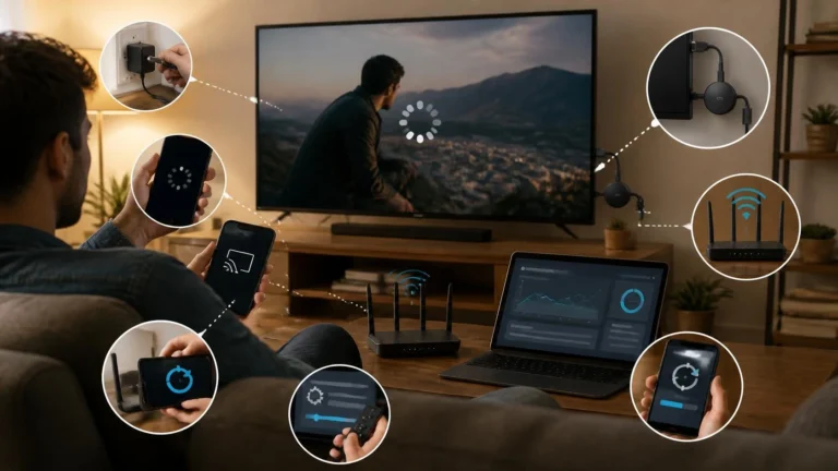 Chromecast buffering on a TV while a viewer checks a smartphone, Wi-Fi router, and streaming connection