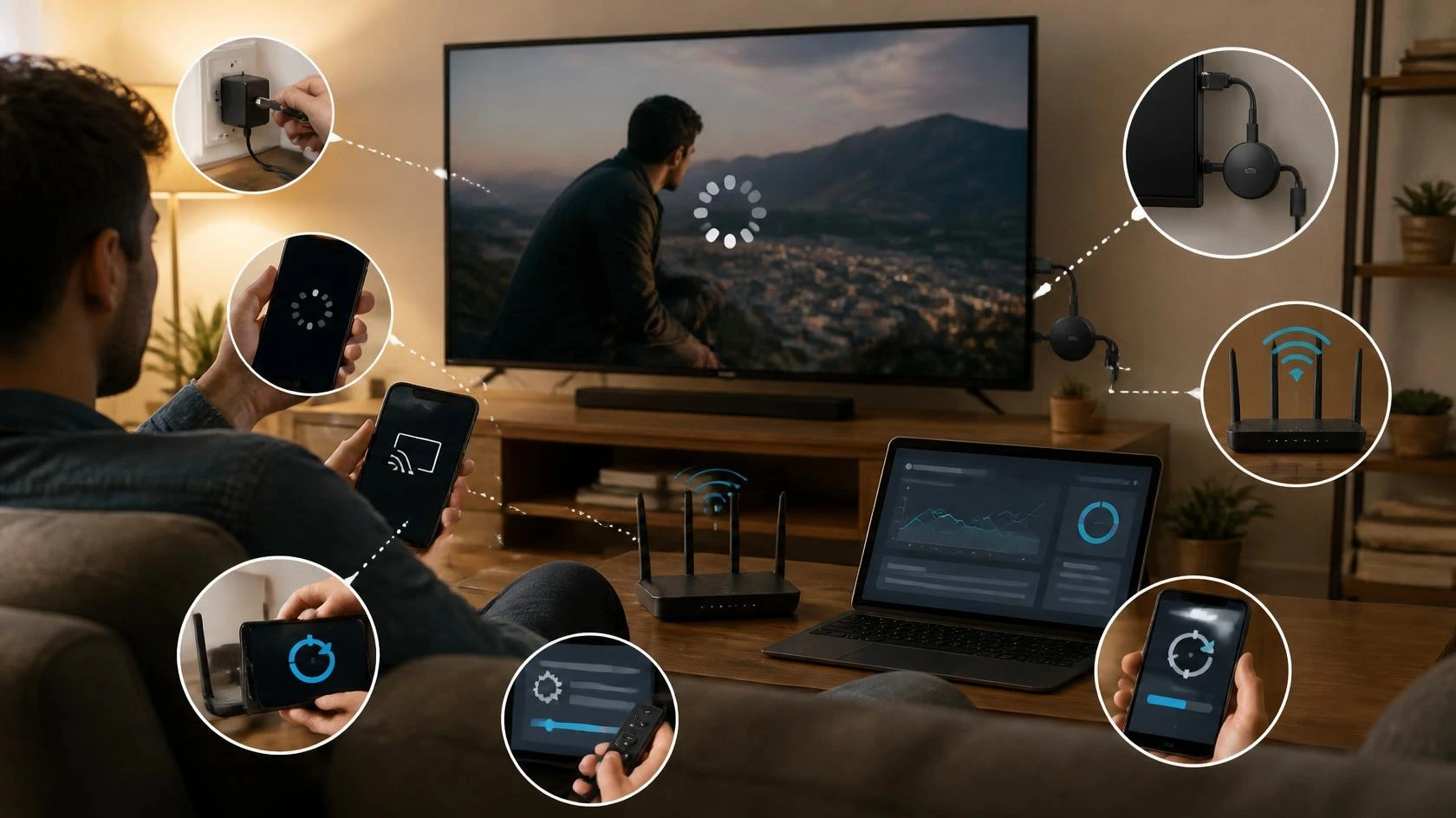 Chromecast buffering on a TV while a viewer checks a smartphone, Wi-Fi router, and streaming connection
