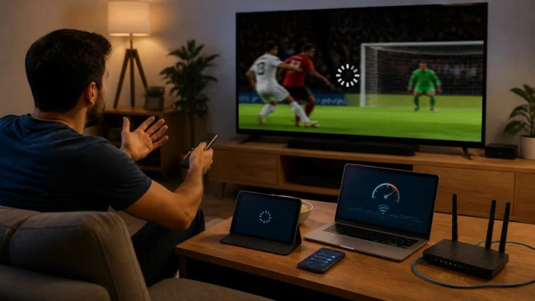 Why DAZN keeps buffering during a live sports match while a viewer checks the Wi-Fi connection and streaming device