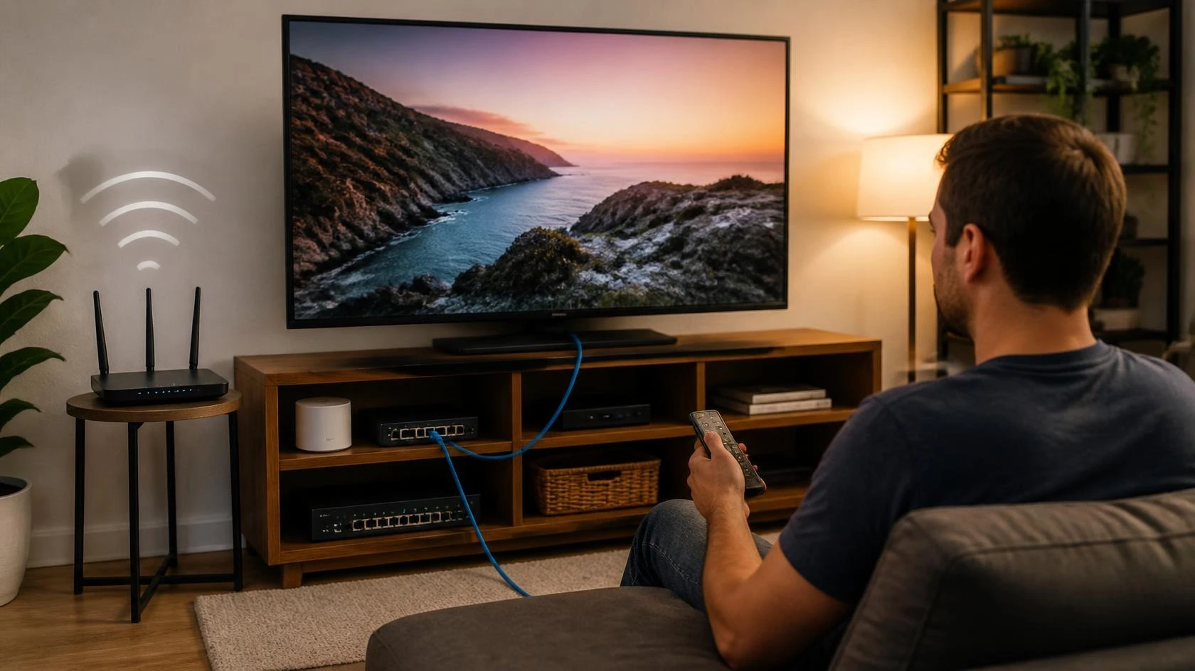Wi-Fi vs Ethernet for streaming setup showing a Smart TV connected wirelessly and another device connected by Ethernet cable